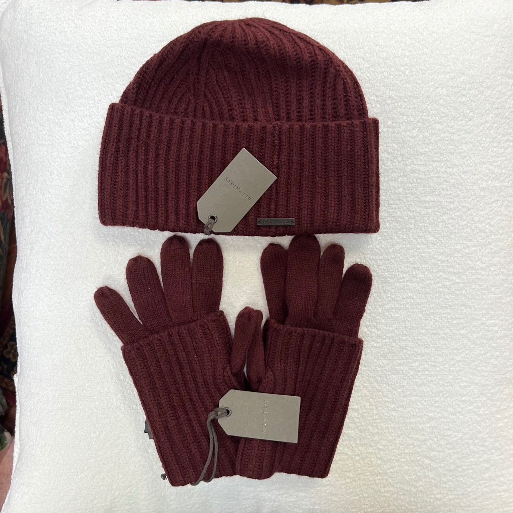 Allsaints Women's Cardigan Beanie And Cardigan Cuff Gloves, Dark Rust Red